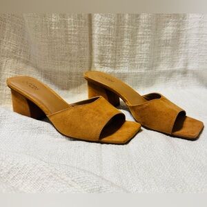 Aldo Cognac Suede Open-Toe Block Heel Mules